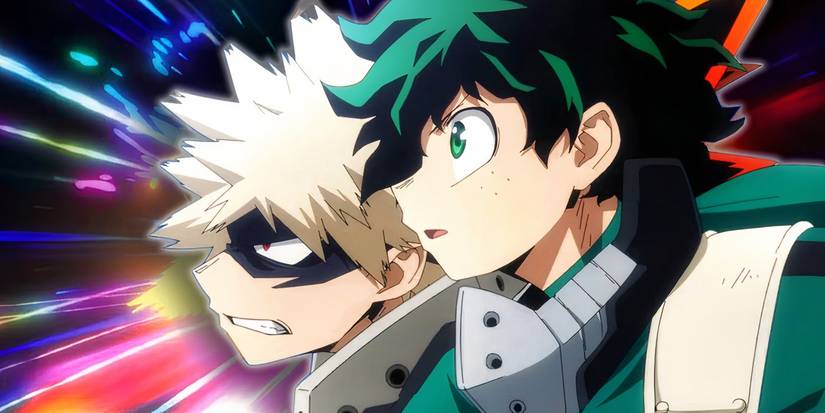 MHA Deku et Bakugo devant un fond de lumière arc-en-ciel personnalisé