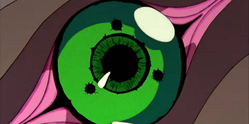 The dilated green eye of Eva Unit 01 in Neon Genesis Evangelion