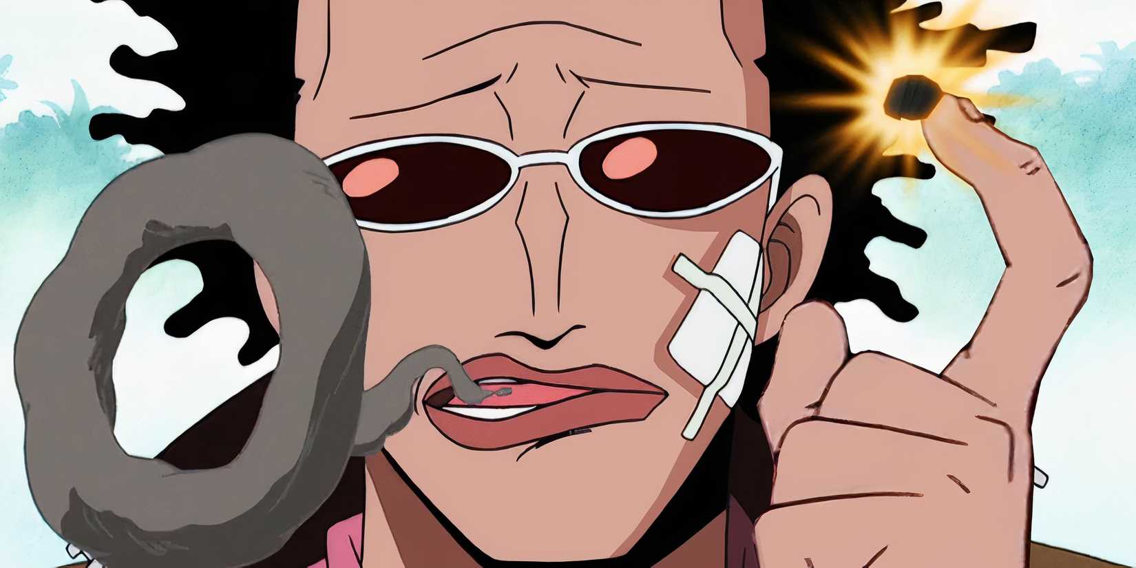 Mr. 5 blows smoke out of his mouth while showing an explosive booger in the One Piece anime