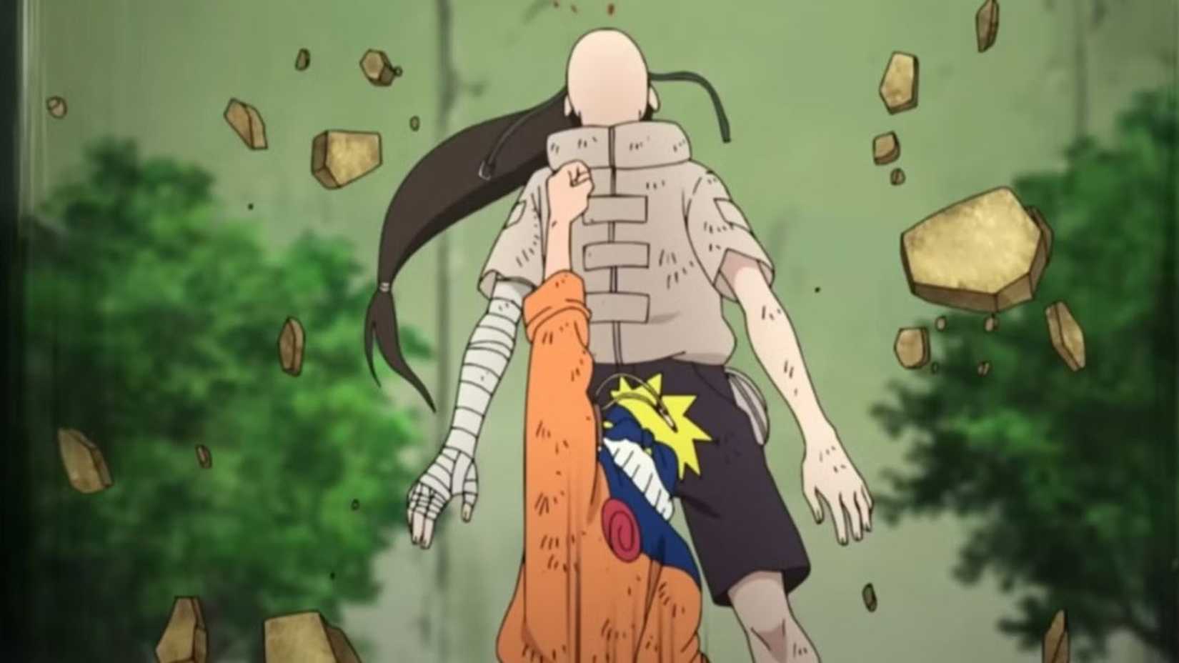 Naruto emerging from the ground to strike Neji