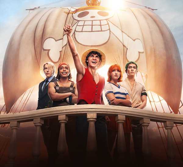 Netflix live-action One Piece Luffy, Nami, Zoro, Sanji, and Usopp aboard Going Merry