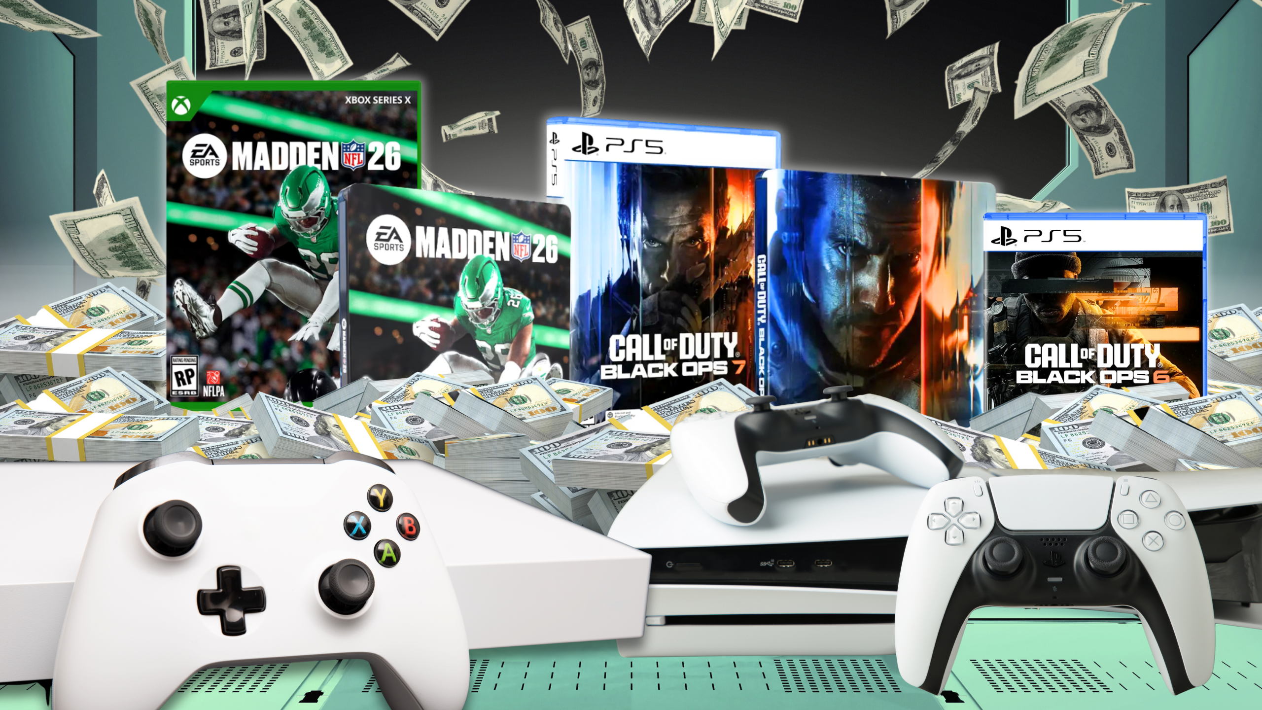 A collage featuring game consoles and physical copies of Call of Duty and Madden in the foreground