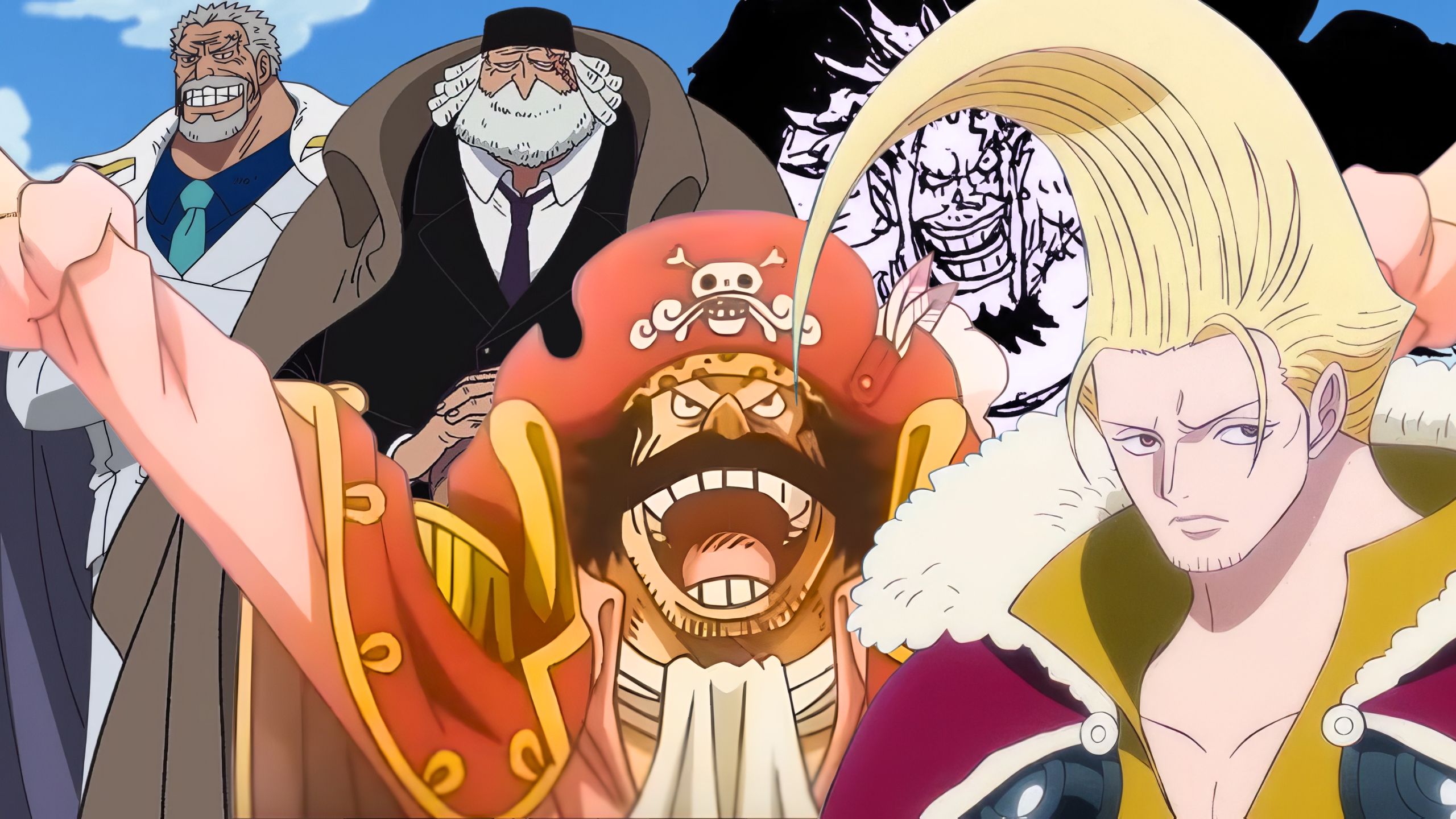 A collaage featuring Roger, Rocks, Figarland Garling, Saturn, and Garp from One Piece