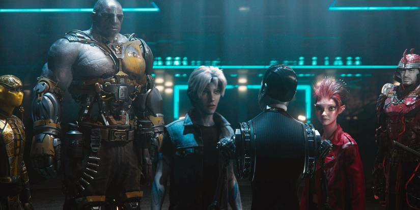 READY PLAYER ONE, facing front, from left: Philip Zhao, Lena Waithe, Tye Sheridan, Olivia Cooke, Win Morisaki, 2018.