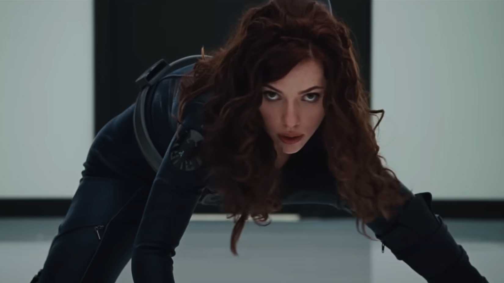 Scarlett Johansson as Black Widow striking her signature pose in Iron Man 2