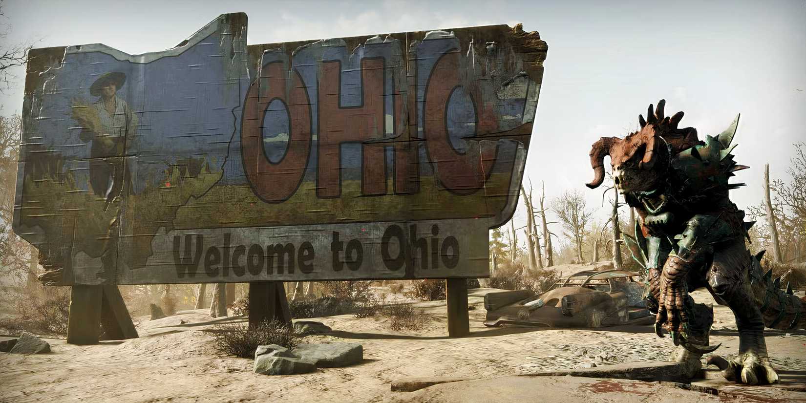 A welcome to Ohio sign from Fallout 76's Burning Springs expansion