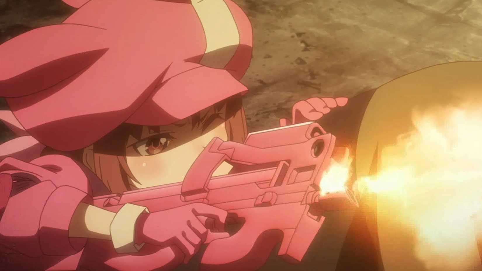 Sword Art Online Alternative Gun Gale Online LLENN firing her weapon.