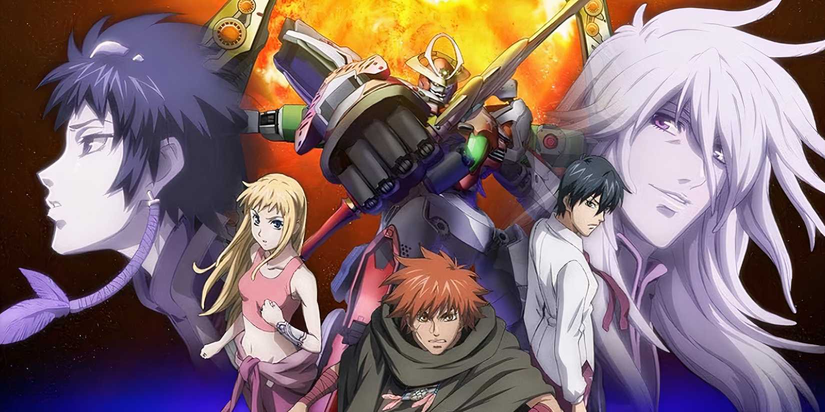The Genesis of Aquarion Strikes cast poses in front of a giant mecha