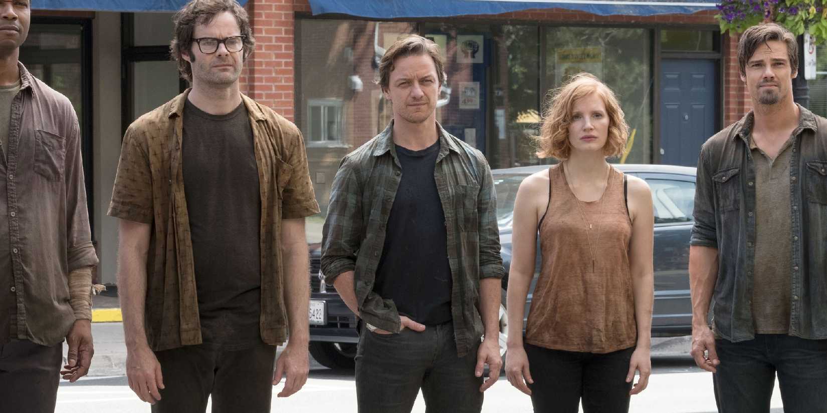 The cast of It Chapter Two including Jessica Chastain James Mcavoy and Bill Hader gather in Derry