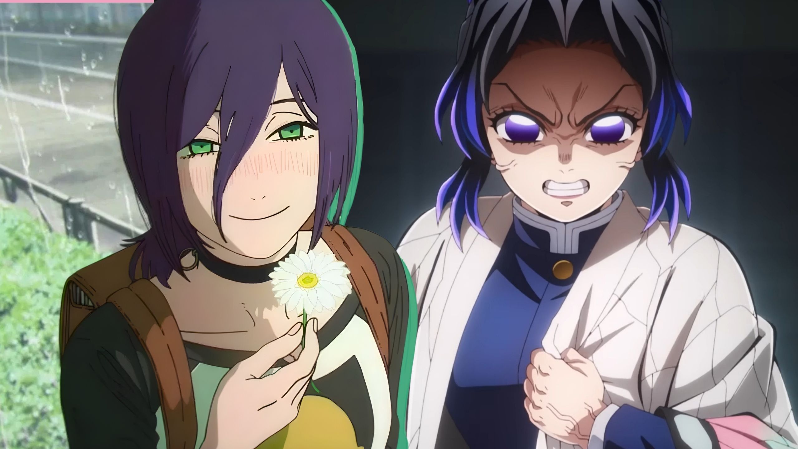 A collage featuring Shinobu Kocho (Demon Slayer) grabbing her gi in Infinity Castle, Reze (Chainsaw Man) holding a flower