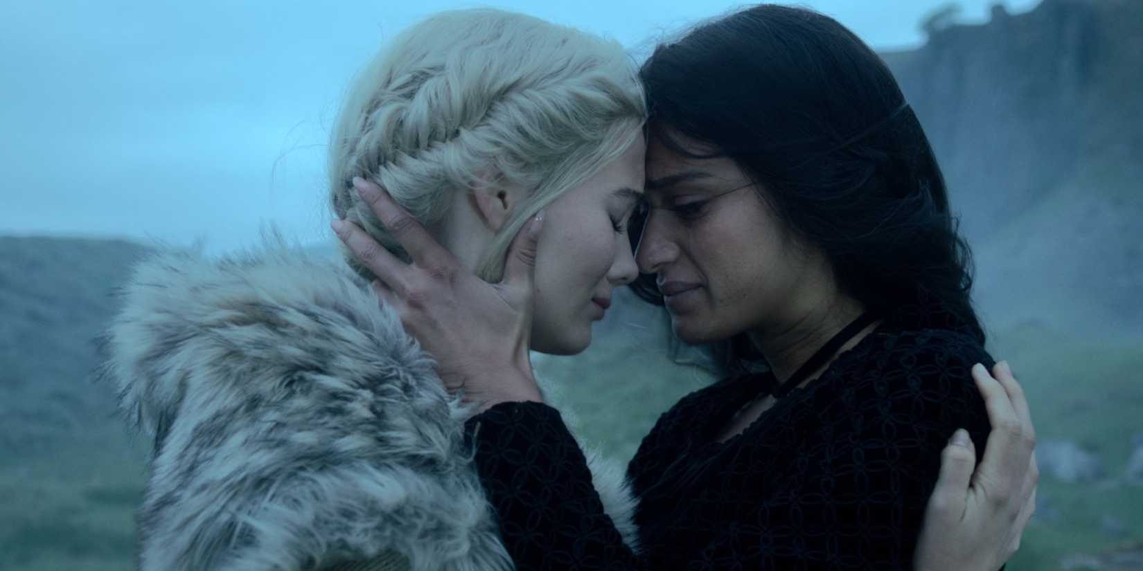 Ciri (Freya Allan) and Yennefer (Anya Chalotra) embracing on The Witcher