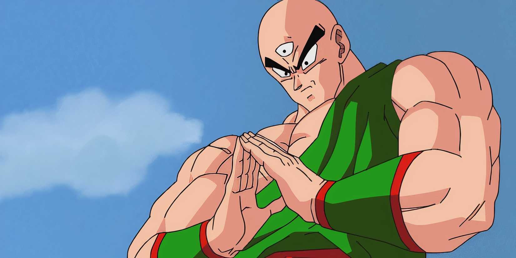 Tien prepares to fire his Tri-Beam attack at Cell in Dragon Ball Z