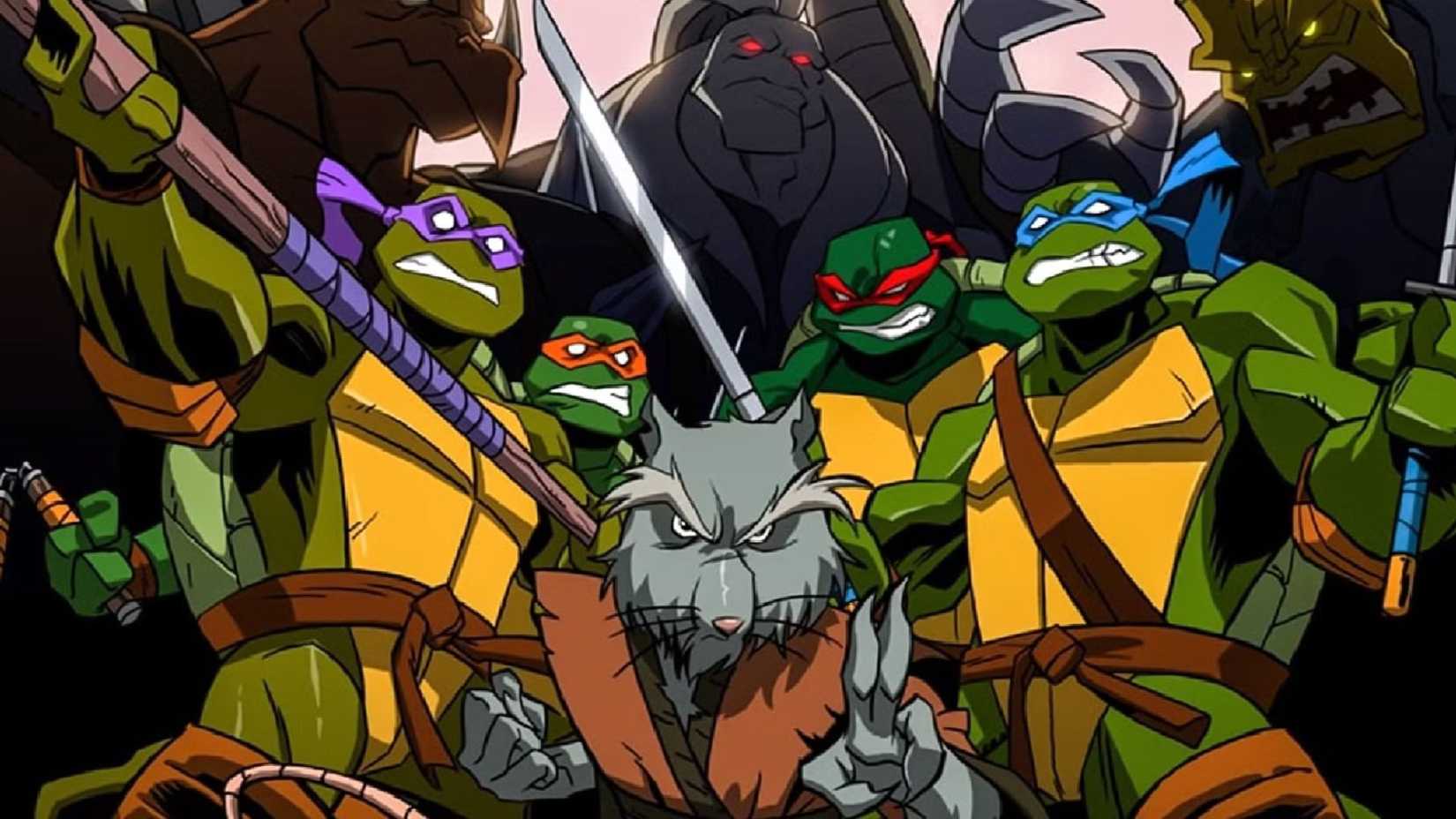 Splinter and the Ninja Turtles in a promotional image for the 2003 TMNT cartoon.