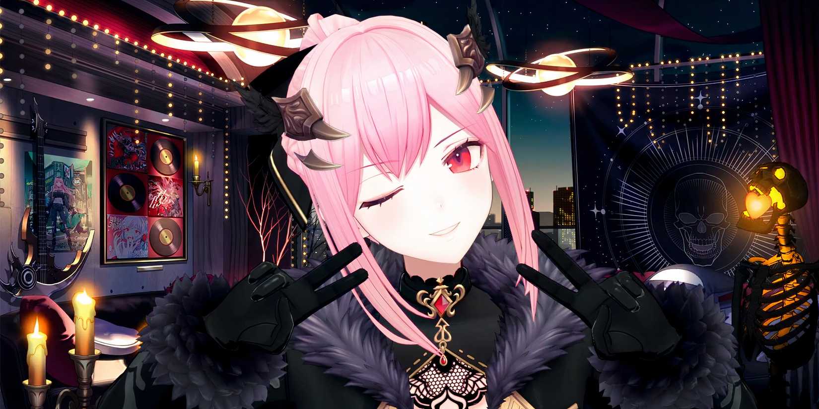 VTuber Mori Calliope poses winking at the camera in front of a spooky room