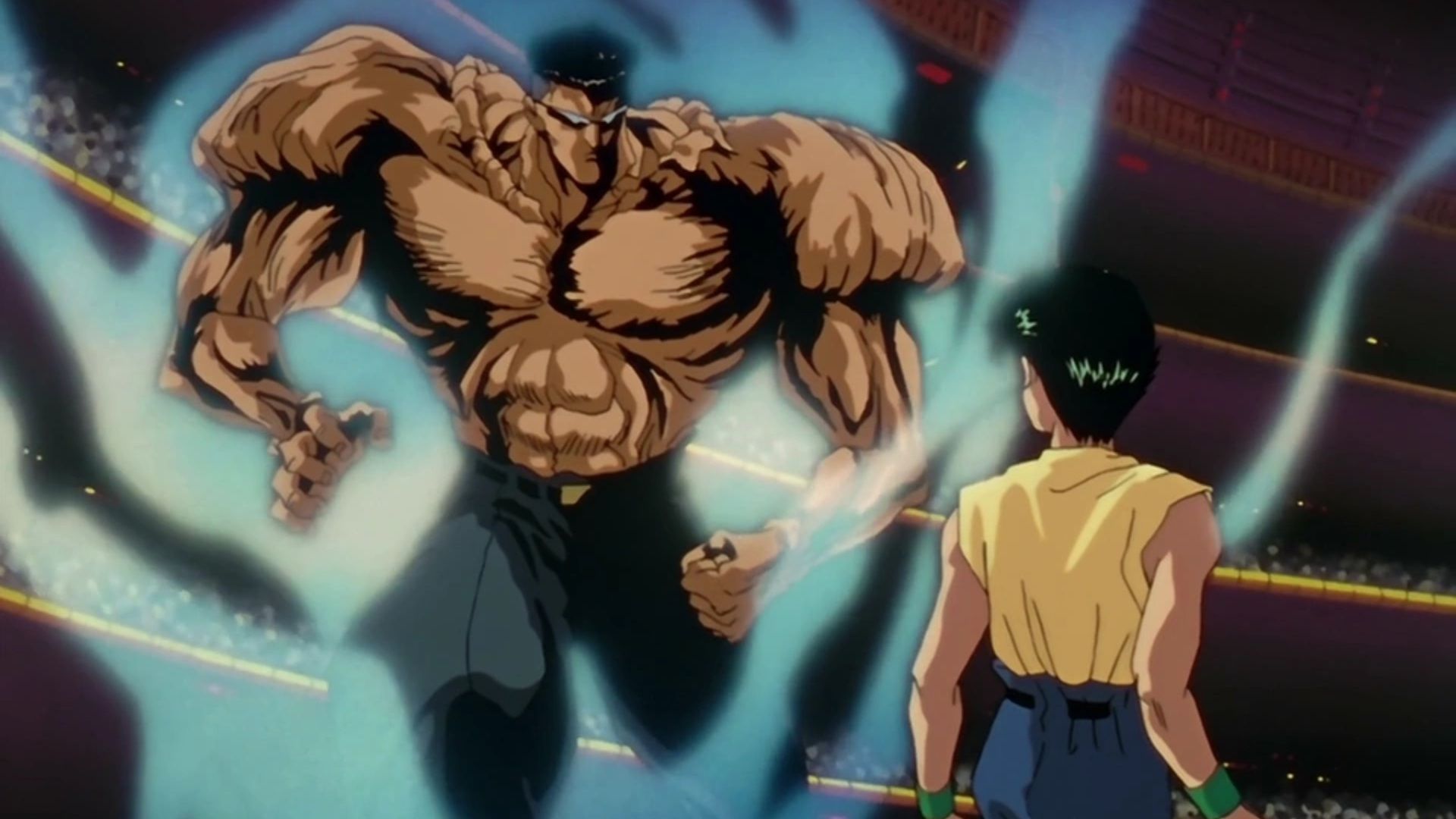 Yusuke Urameshi regarde le jeune Toguro après qu'il se soit transformé en sa forme à 100 % en Yu Yu Hakusho.