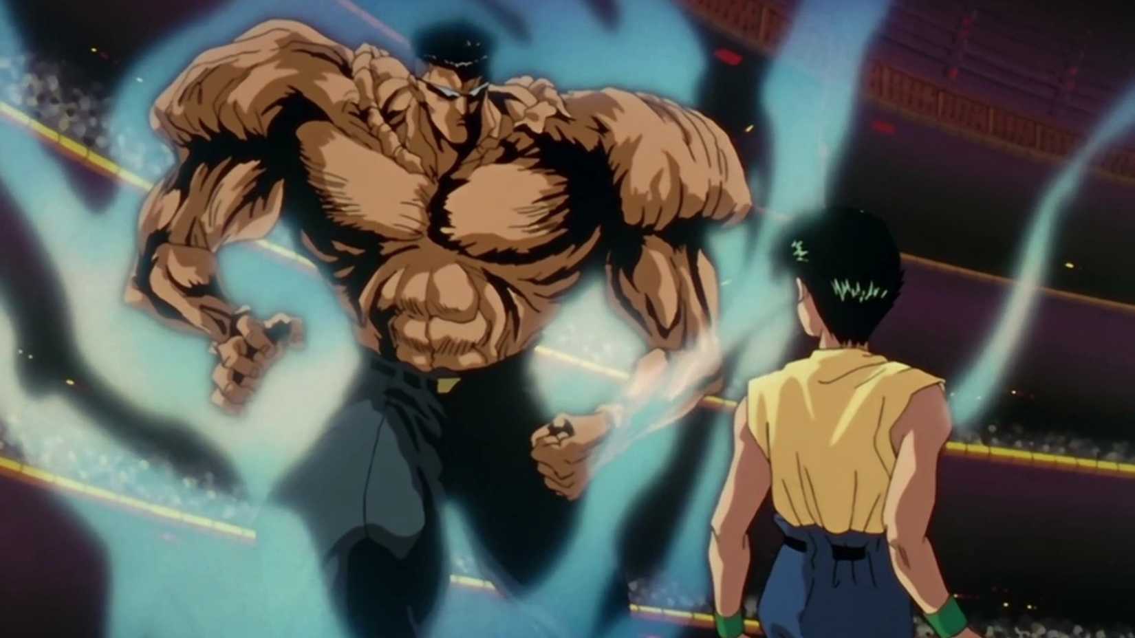Yusuke Urameshi looking at Younger Toguro after he's transformed into his 100% form in Yu Yu Hakusho.