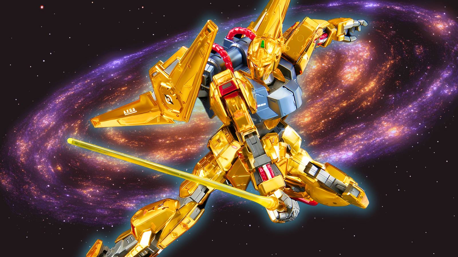 The gold Master Grade Zeta Gundam Hyaku Shiki Gunpla model kit in space.