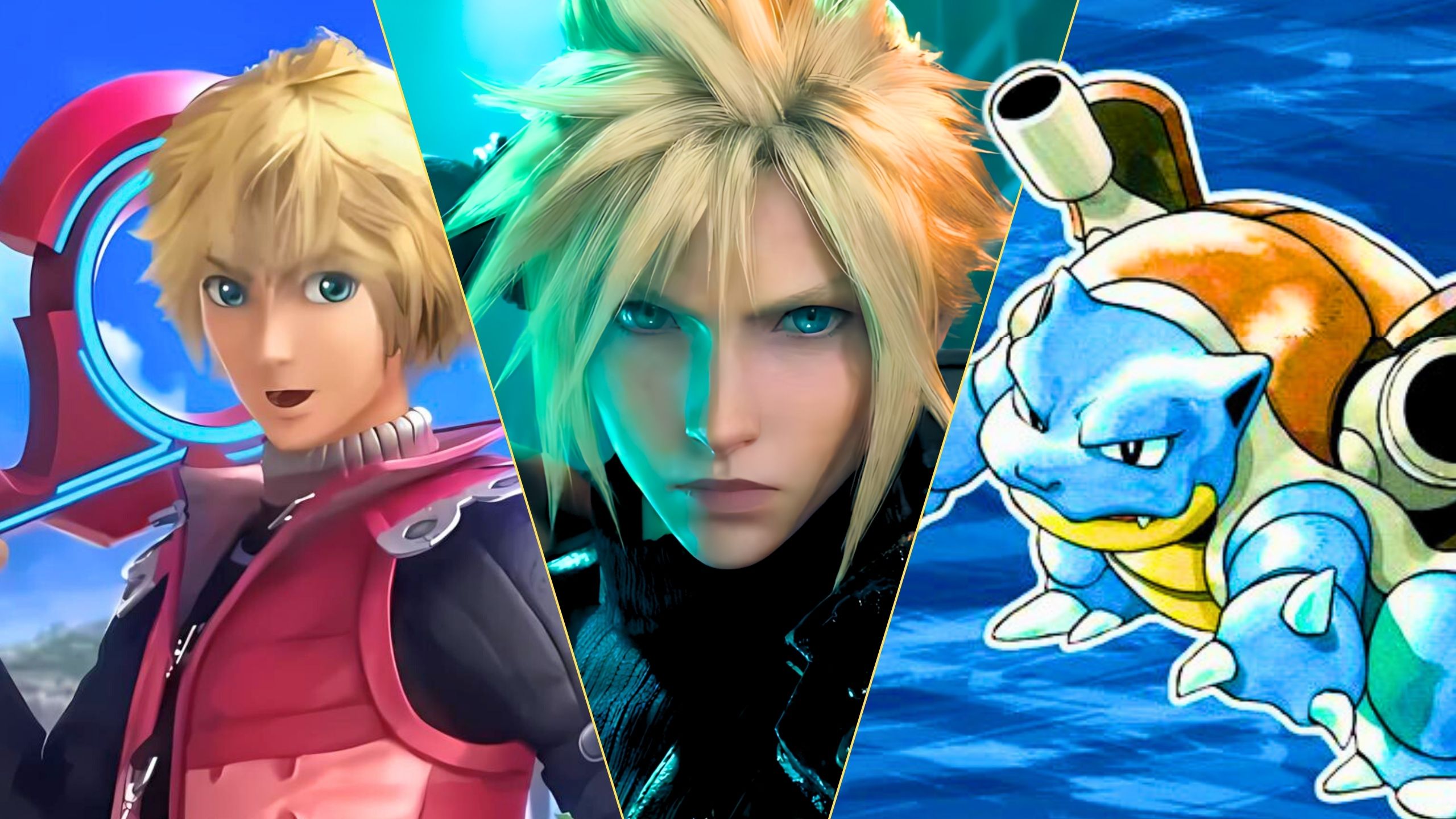 A split image featuring Blastoise, Cloud from FF7, and Shulk from Xenoblade Chronicles
