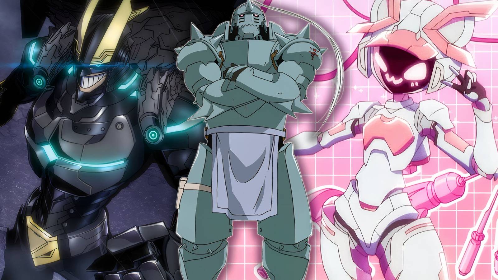 A custom image featuring Armored All Might in My Hero Academia, Alphonse Elric in FMA Brotherhood, and Loli in To Be Hero X