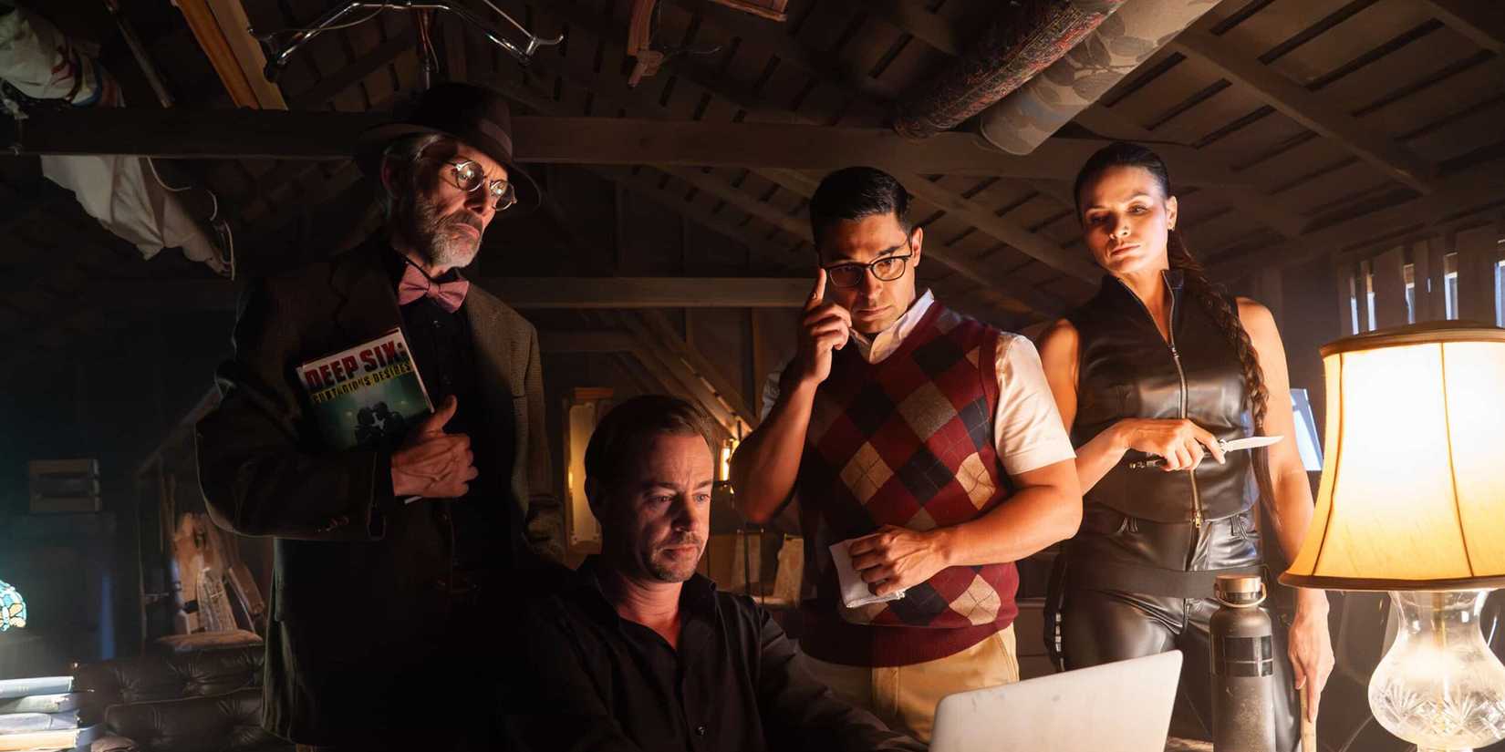 Alden Parker (Gary Cole) Timothy McGee (Sean Murray) Nick Torres (Wilmer Valderrama) and Jessica Knight (Katrina Law) in NCIS Season 23 Episode 6 Page Turner