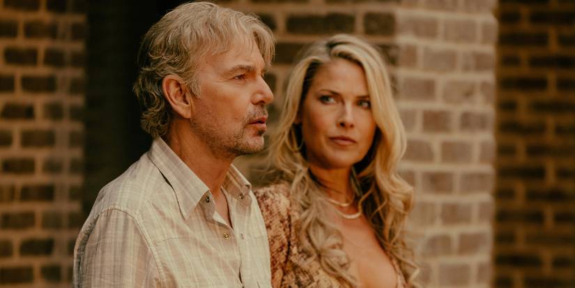 Ali Larter looks at Billy Bob Thornton as he stares ahead in Landman Season 2, Episode 1