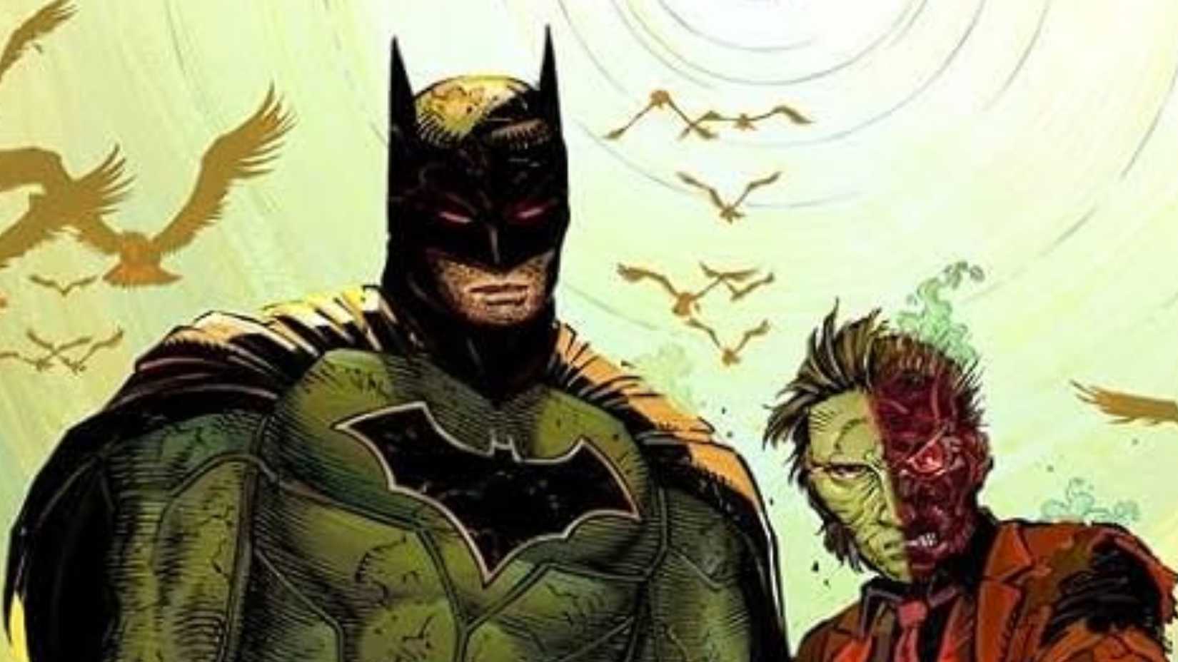 Batman looking serious and standing next to Two-Face and looking angry as they walk through the desert while the sun shines on them in All-Star Batman