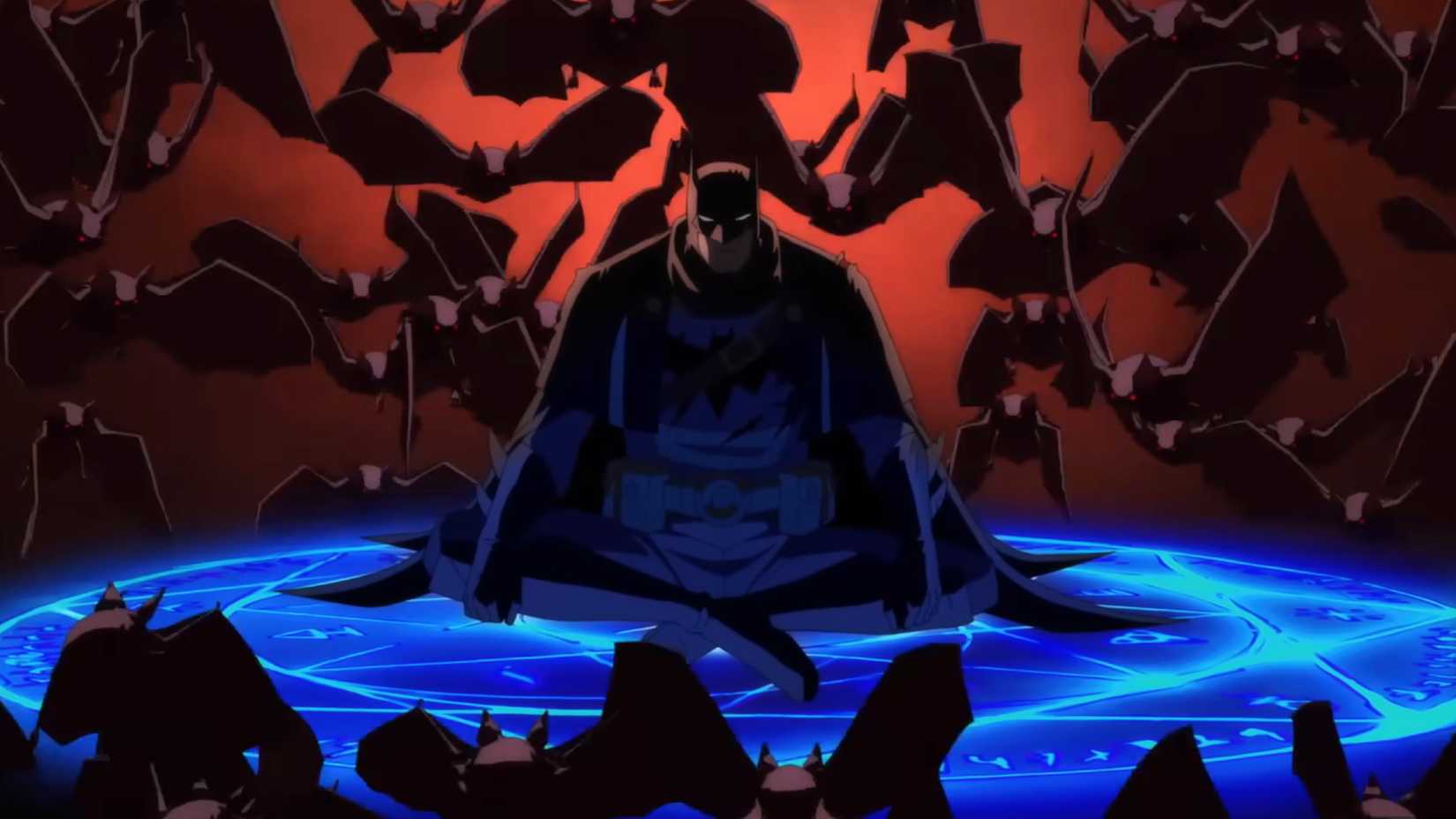 Batman sitting on a mystical rune surrounded by bats in Batman The Doom That Came to Gotham