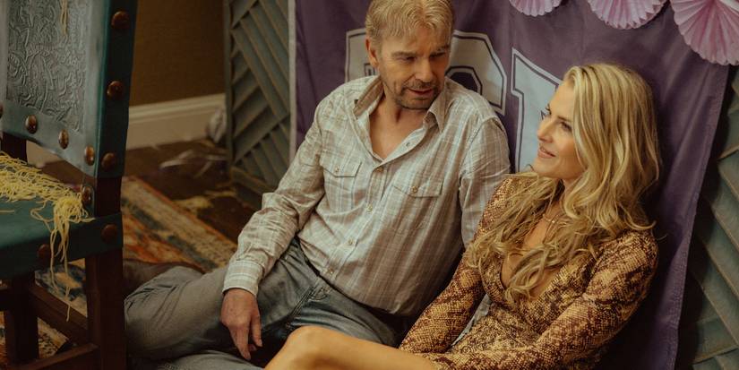Billy Bob Thornton sits next to Ali Larter after a disastrous dinner in Landman Season 2, Episode 1