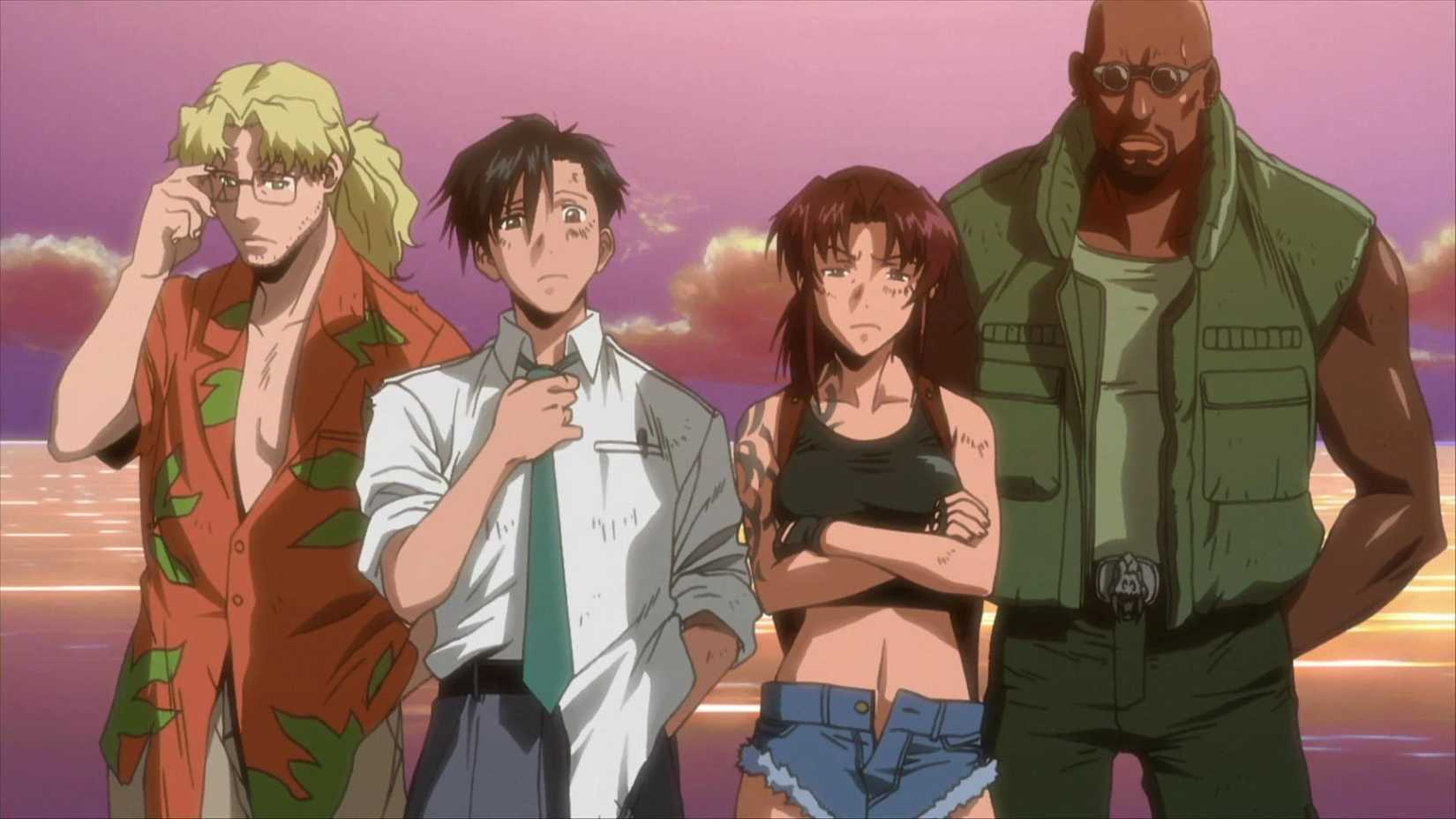 Benny, Rock, Revy, and Dutch pose together on the beach in Black Lagoon.