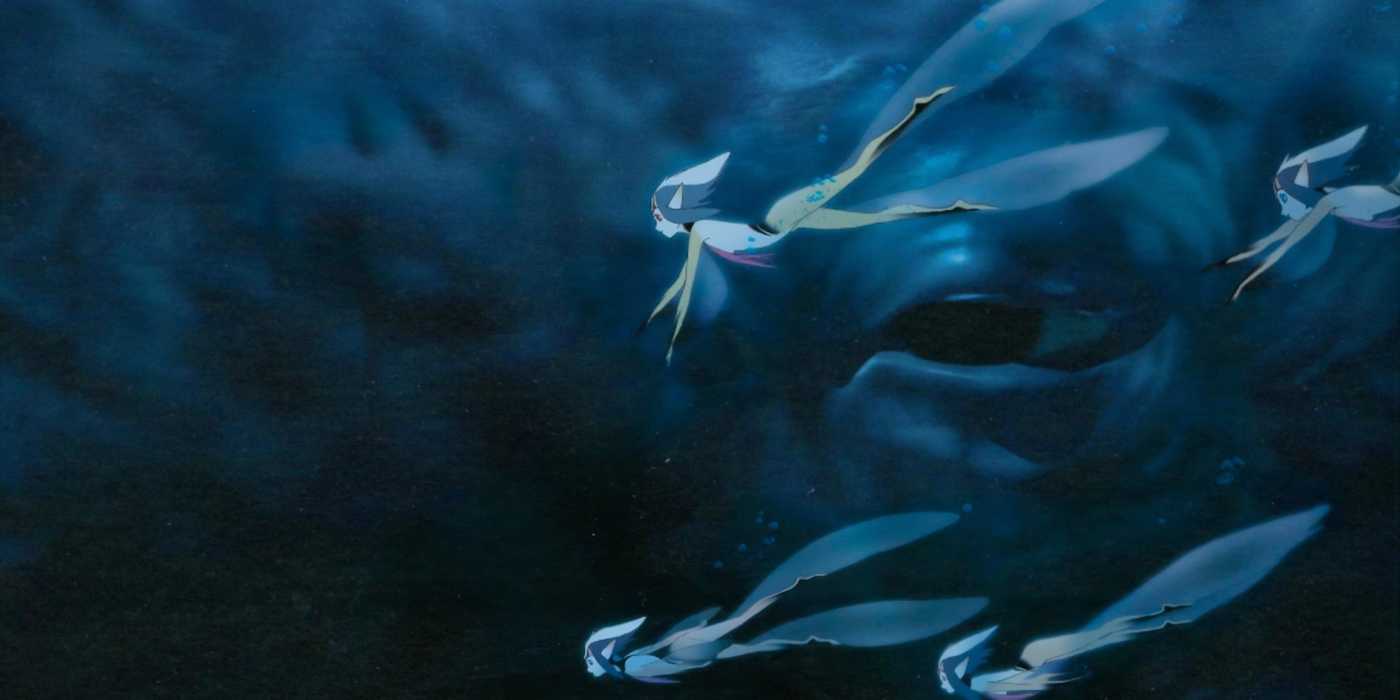 Aquatic creatures swim underwater in Blue Submarine No. 6.