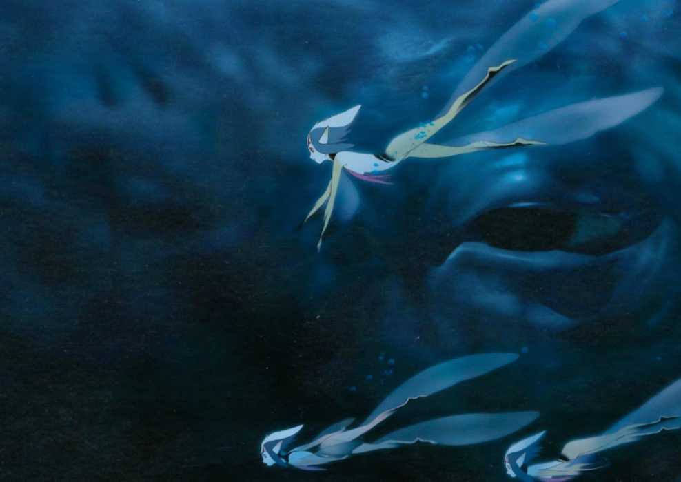 Aquatic creatures swim underwater in Blue Submarine No. 6.