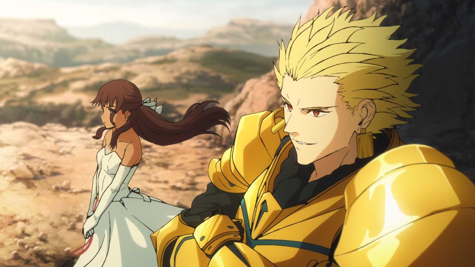 Gilgamesh and his Master in Fate/Strange Fake, looking out at the horizon together with confident smirks on their faces.