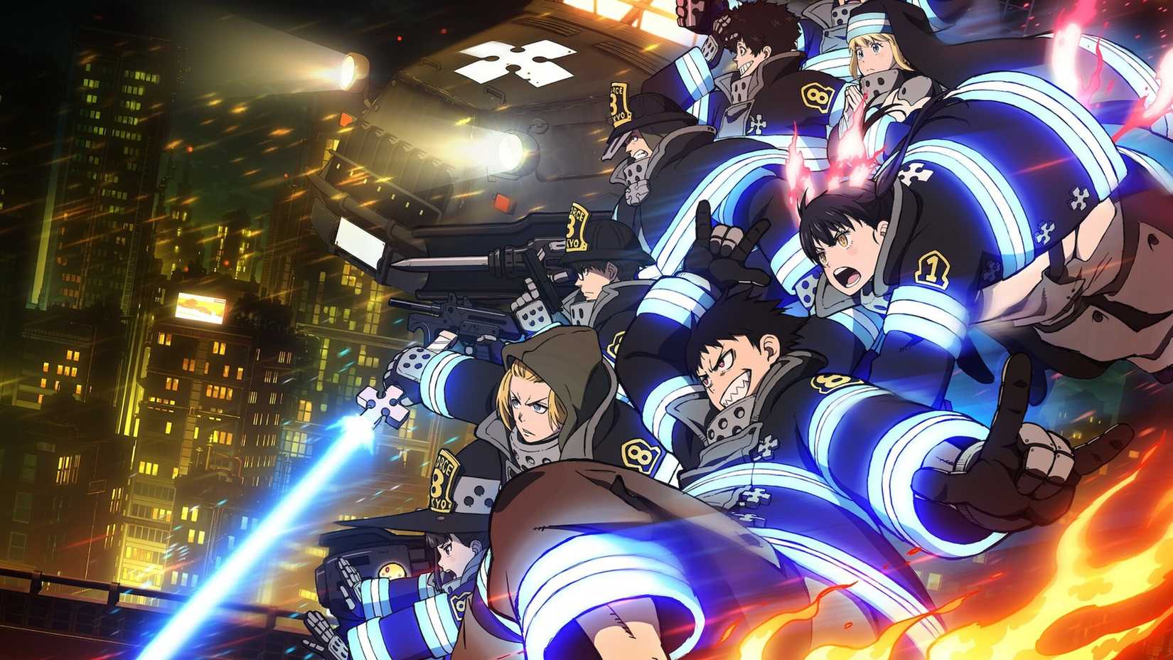 Fire Force's Company 8 members, Shinra Kusakabe, Arthur Boyle, Maki Oze, Takehisa Inawa, Iris, Tamaki Kotatsu and Akitaru Obi charge into battle.