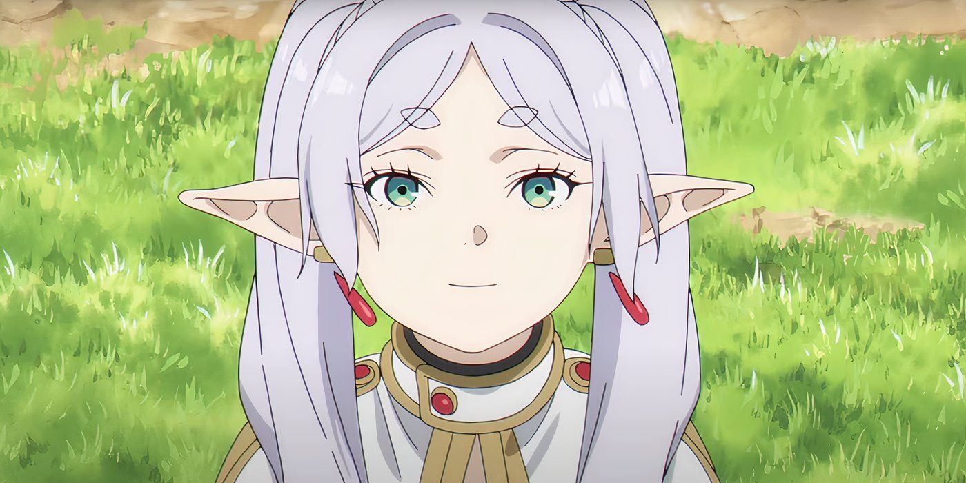 Frieren Beyond Journey's End Season 2 Frieren smiles in a grassy field with earrings blowing in the wind