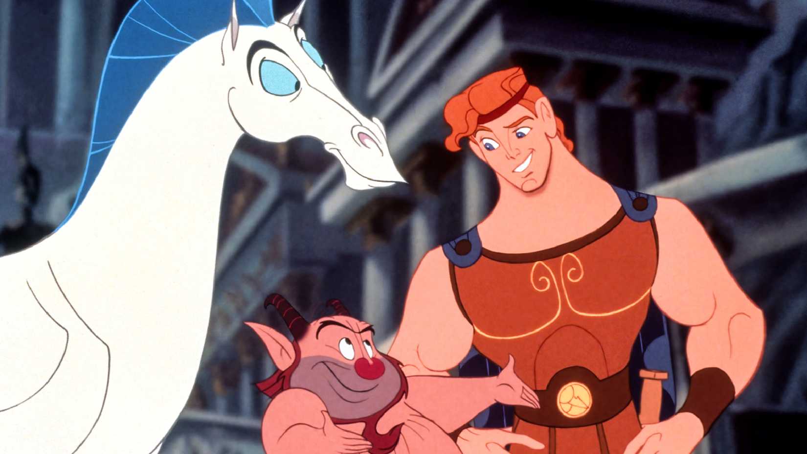Hercules, Pegasus, and Phil stand together in 1997's Hercules