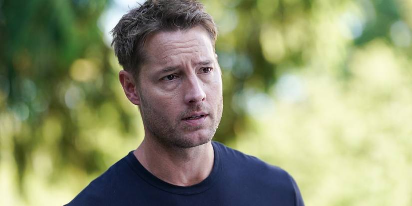 Justin Hartley as Colter talking to a nun in Tracker 'First Fire'