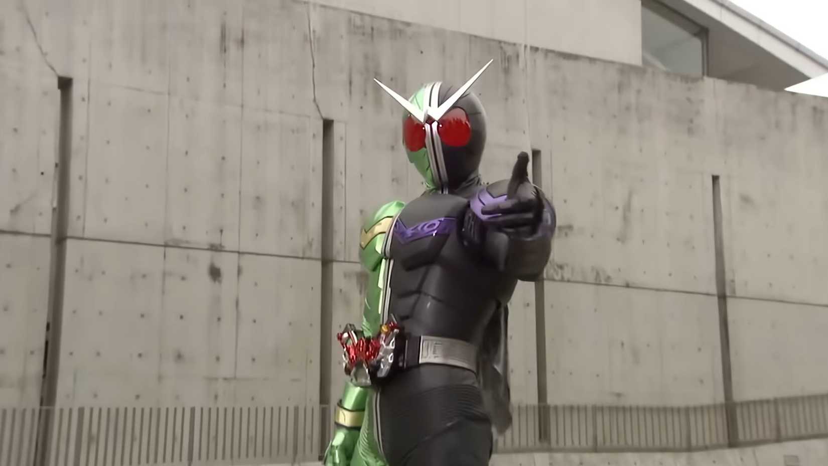 Kamen Rider W in his Cyclone Joker form.