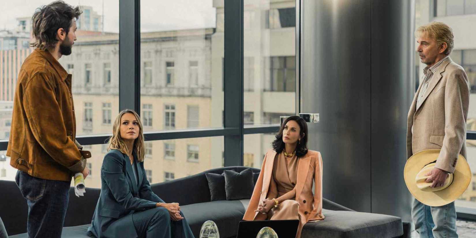 Rebecca Falcone (Kayla Wallace), Cami Miller (Demi Moore), and Tommy Norris (Billy Bob Thornton) on Landman