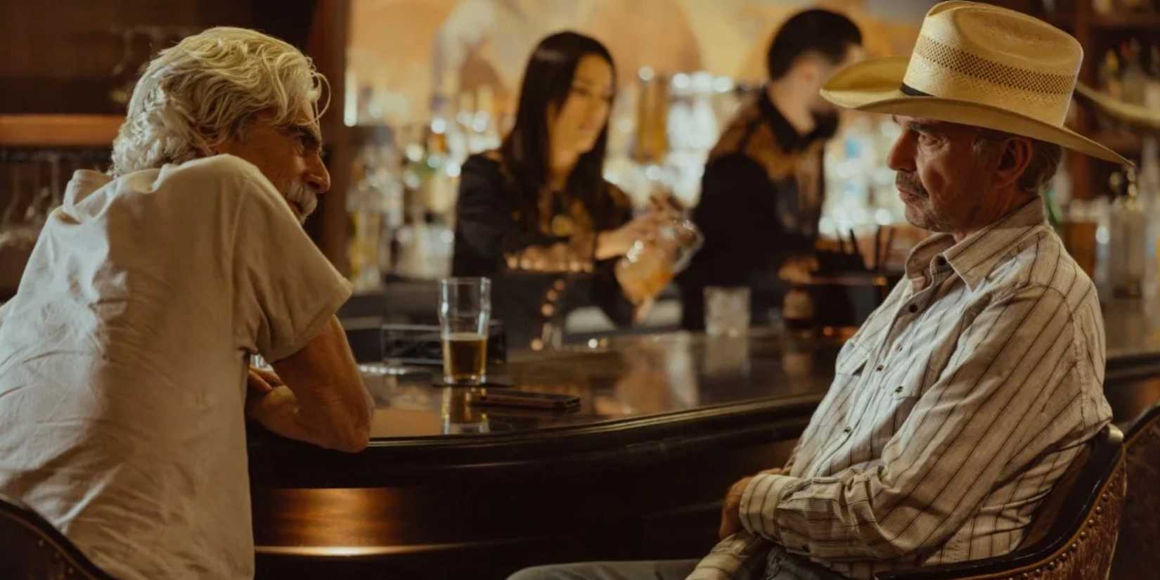 TL Norris (Sam Elliott) and Tommy Norris (Billy Bob Thornton) chat at a bar on Landman