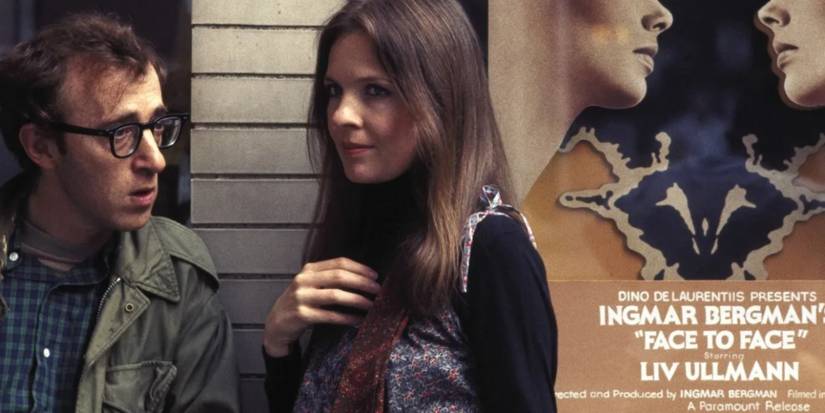 Woody Allen and Diane Keaton stand next to an Ingmar Bergman movie poster in Annie Hall