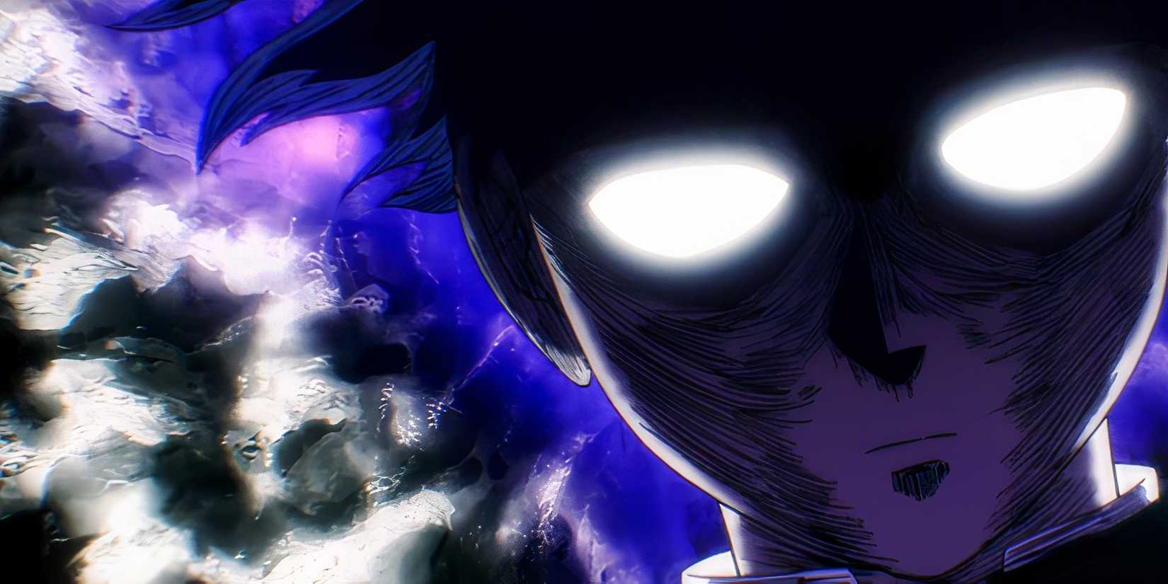 Mob Psycho 100 Finale de la saison 3. Les yeux de Mob brillent en blanc tandis que l'aura rayonne autour de lui.