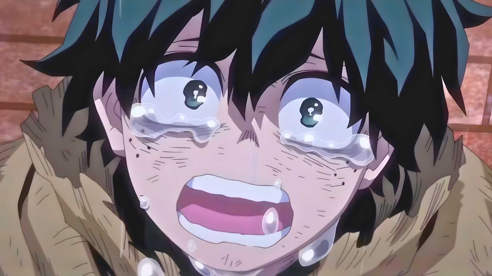 A screenshot featuring Deku crying from My Hero Academia