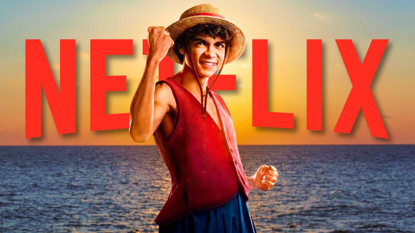 Un collage mettant en vedette Luffy du live action One Piece avec le logo Netflix en grand en arrière-plan