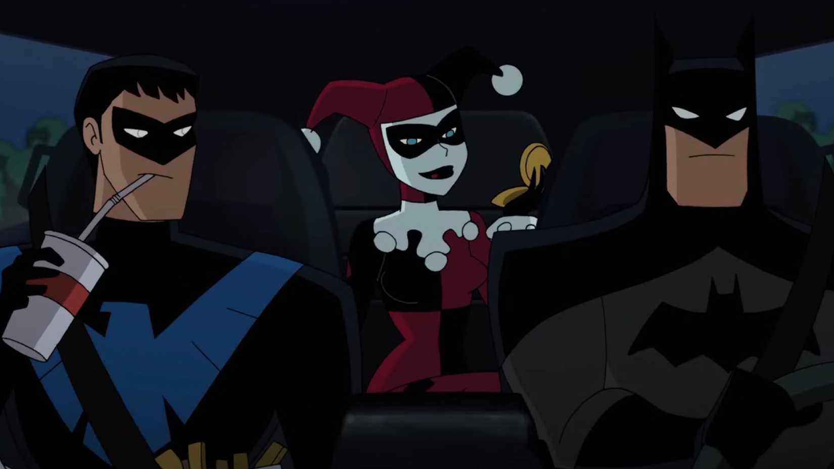 Nightwing, Harley Quinn and Batman in the Batmobile in Batman and Harley Quinn