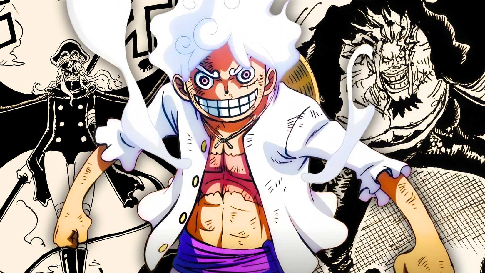 Un collage mettant en vedette Rocks D. Xebec, Imu dans le corps de Gunko et Gear 5 Luffy de l'anime et du manga One Piece