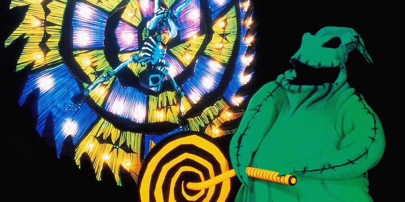 Oogie Boogie tortures a skeleton on a wheel in The Nightmare Before Christmas