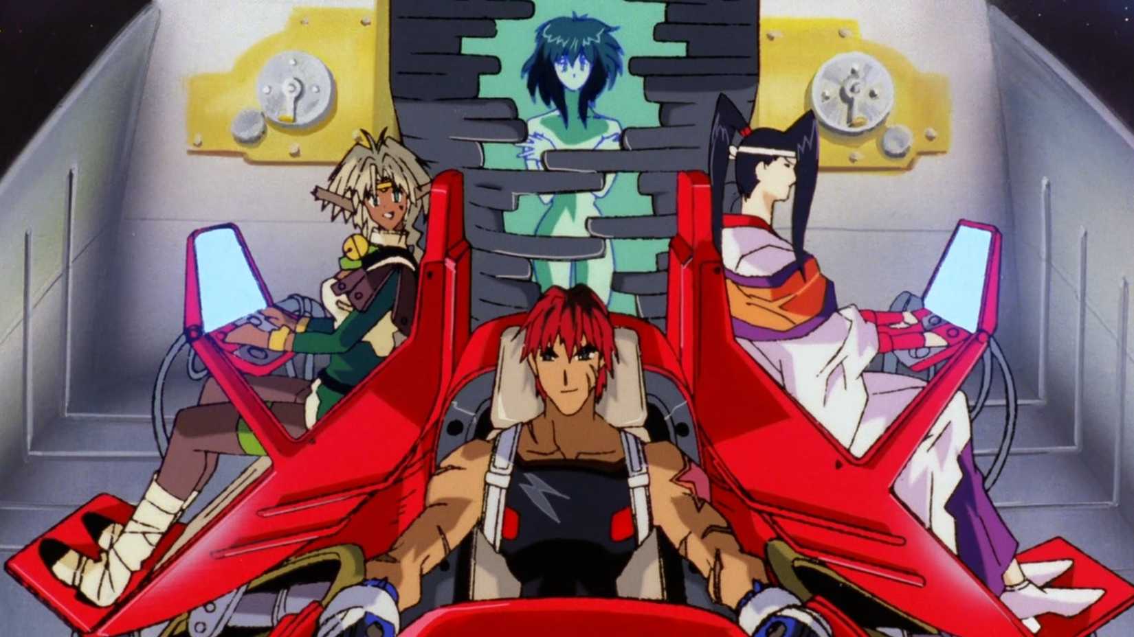 Gene Starwind, Aisha Clanclan, Melfina, and Suzuka in the cockpit together in Outlaw Star.
