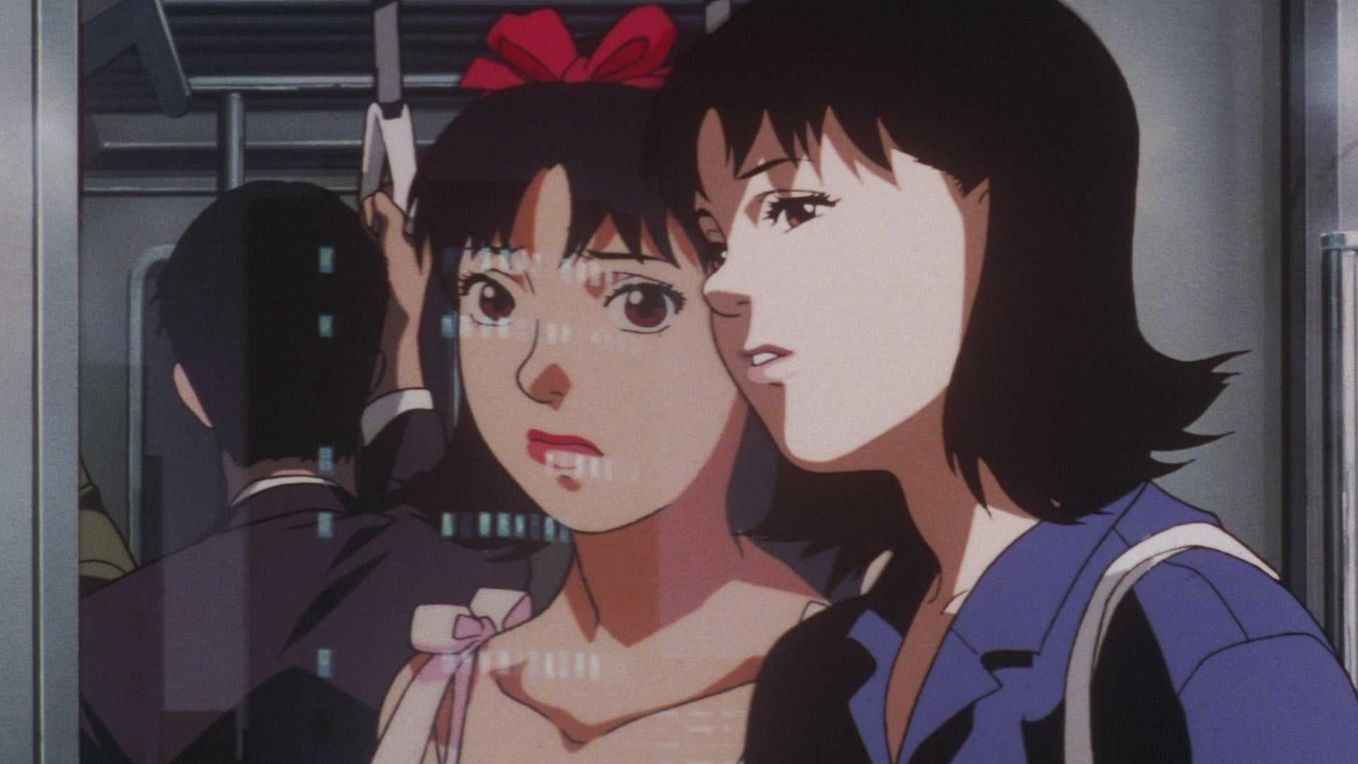 Mima on a subway and sees an idealized reflection in the mirror in Perfect Blue.