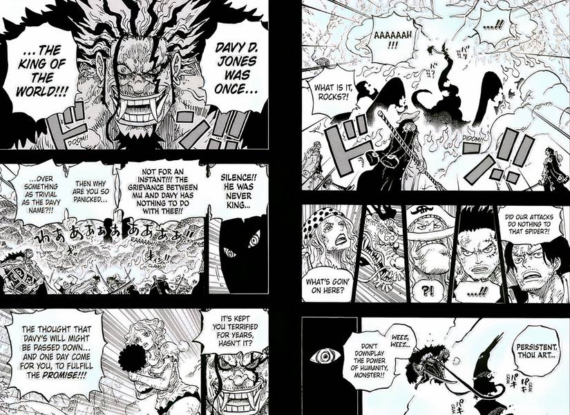 One Piece God Valley Incident Rocks D. Xebec talks to Imu manga full page spread