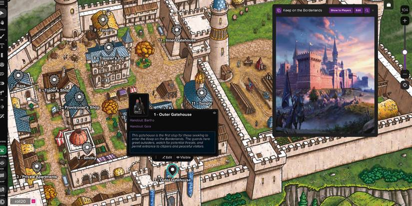 Roll20's map pins exploring different buildings in a city